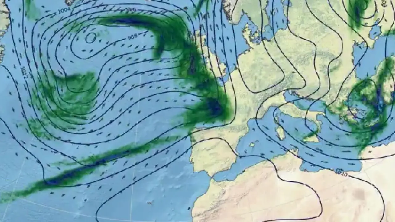 Mapa de predicci&oacute;n del modelo ECMWF difundido por AEMET, que muestra la evoluci&oacute;n prevista de la nueva borrasca Goretti.