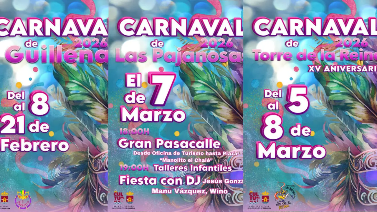 Carteles del Carnaval de Guillena, Torre de la Reina y Las Pajanosas.