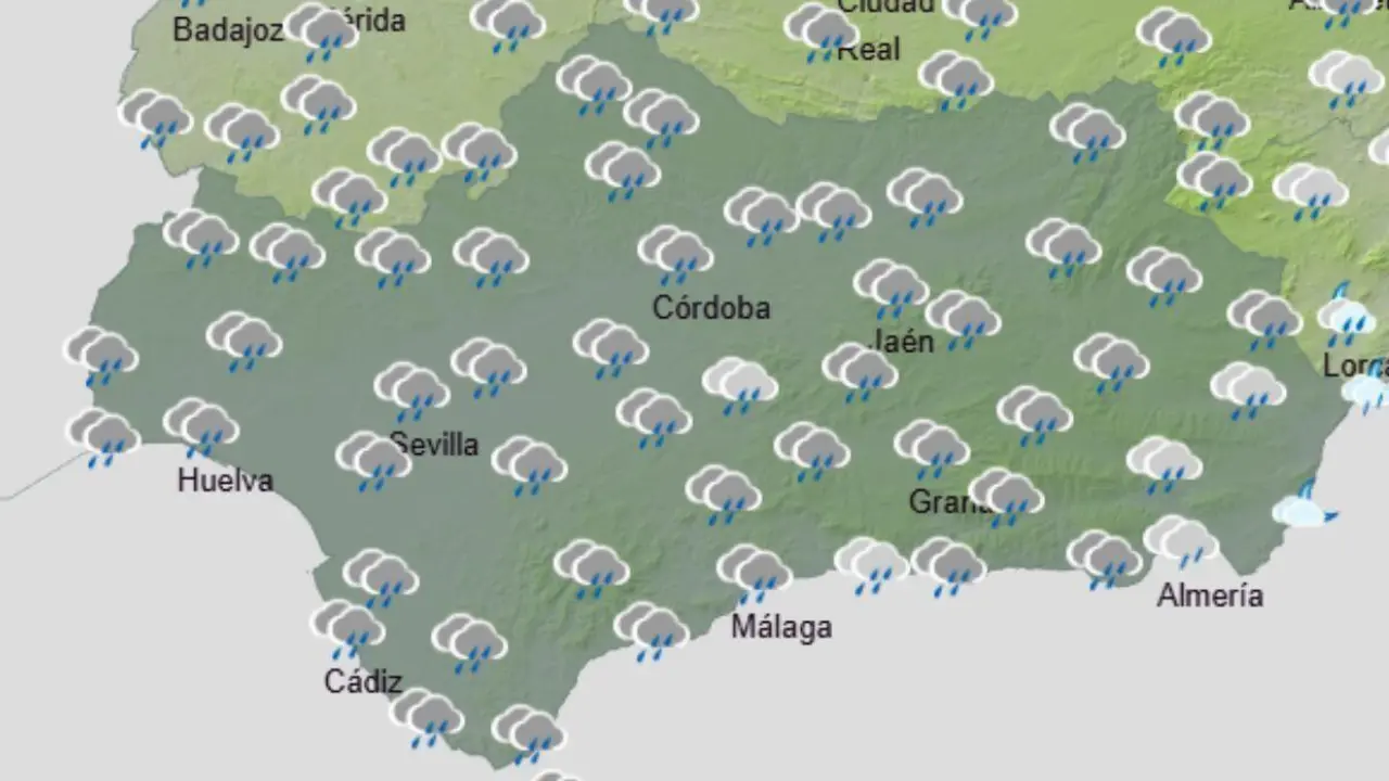 Lluvia en Andaluc&iacute;a. Imagen mapa de la AEMET para el 3022026.