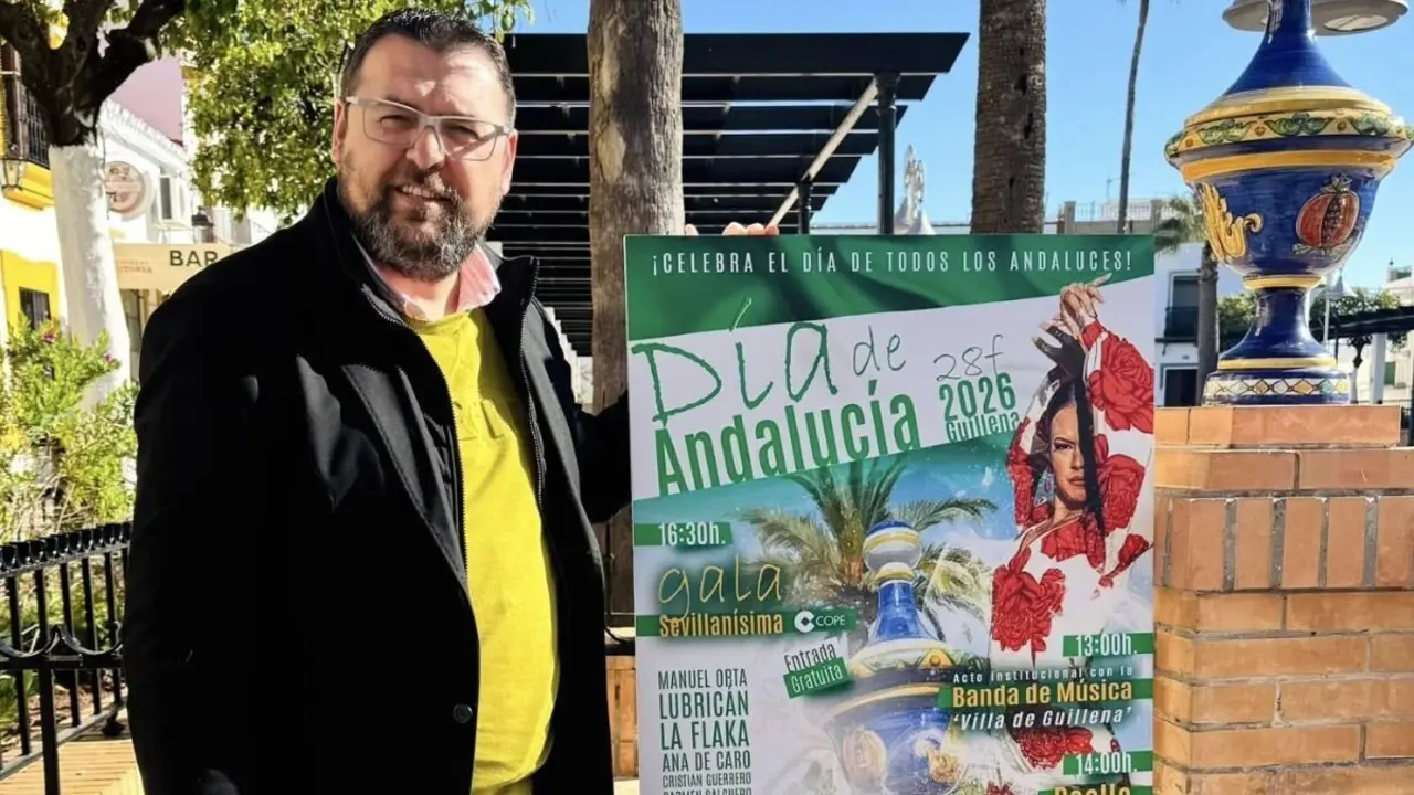 El alcalde de Guillena, Lorenzo Medina, presenta el cartel oficial de la celebraci&oacute;n del D&iacute;a de Andaluc&iacute;a 2026.