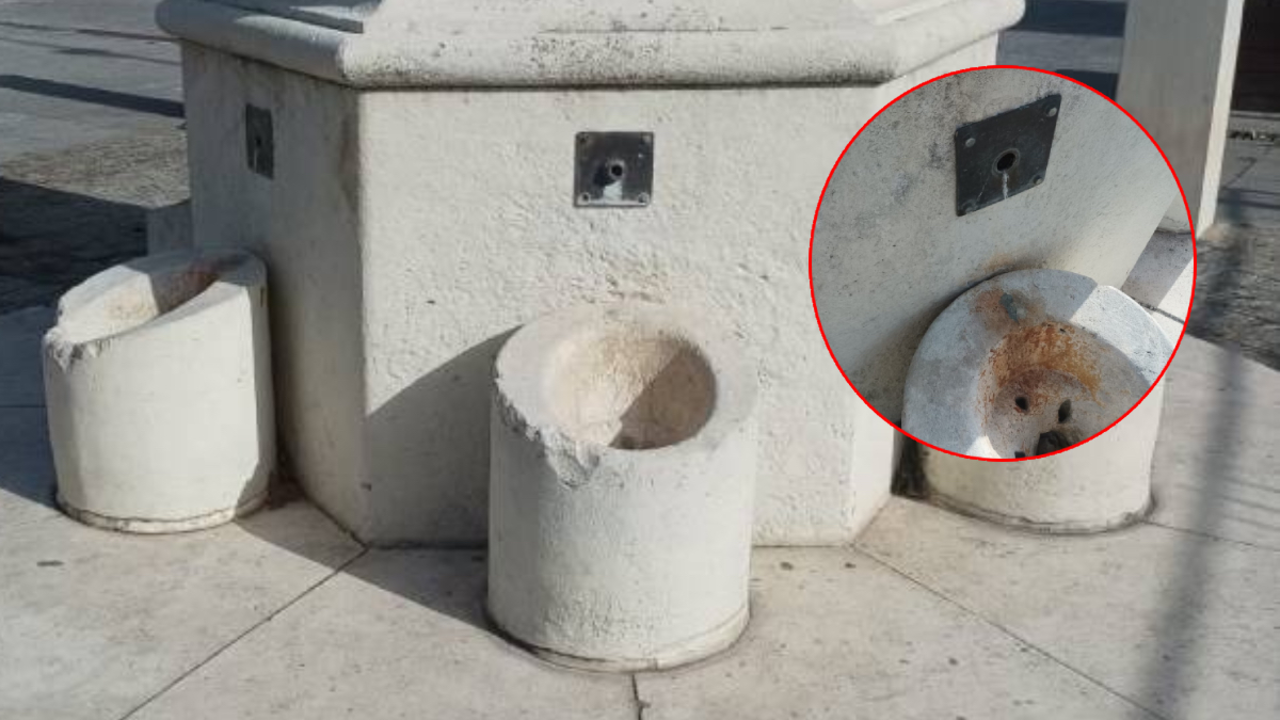 La Fuente del Pulpejo y un detalle del lugar donde estaban los grifos que se han llevado.