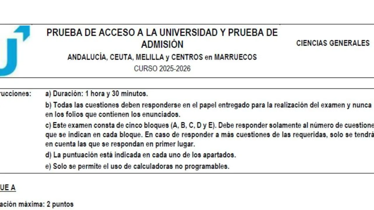 Examen Ciencias Generales PAU 2026 en Andaluc&iacute;a.