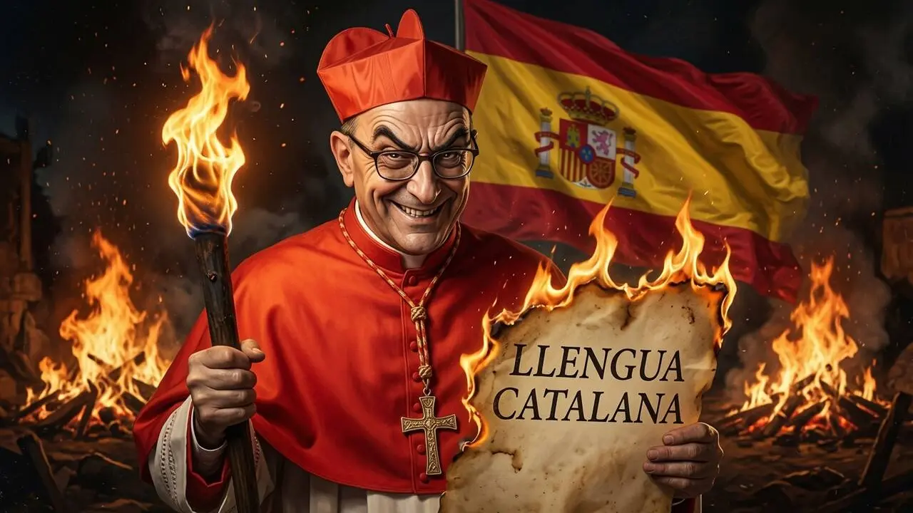 Imagen compartida por Carles Puigdemont en X en la que aparece una representaci&oacute;n del cardenal Juan Jos&eacute; Omella junto a un pergamino con la inscripci&oacute;n "llengua catalana".