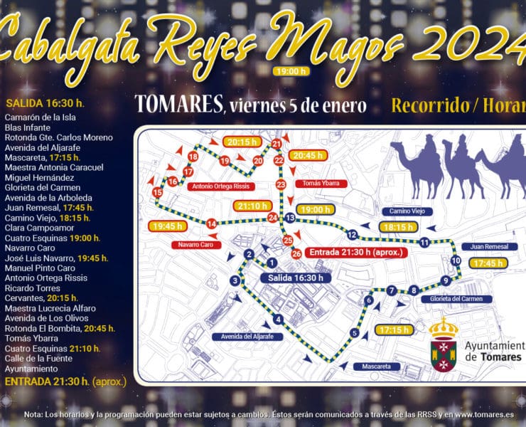 Cartel Recorrido y horario Cabalgata Reyes Magos Tomares2024