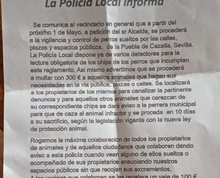 Lanzan un bulo en La Puebla de Cazalla sobre una campaña de control e inspección de perros en la calle