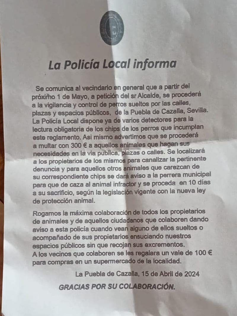 Lanzan un bulo en La Puebla de Cazalla sobre una campaña de control e inspección de perros en la calle